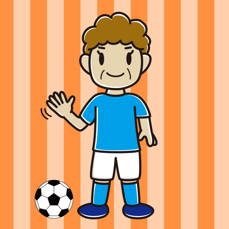 手を振るサッカーのユニフォーム姿のおばさんのイラスト【色、背景あり】PNG