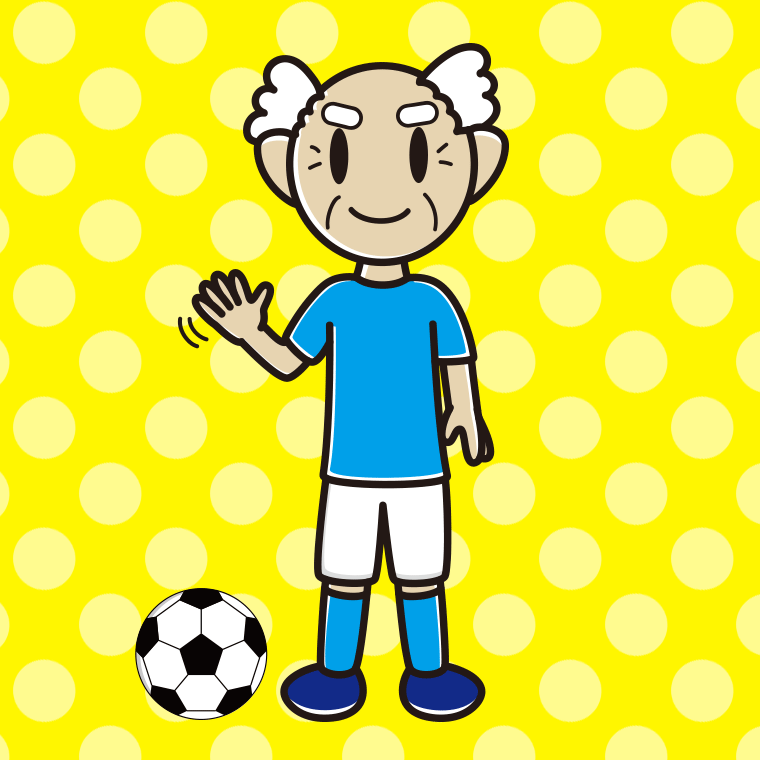 手を振るサッカーのユニフォーム姿のおじいさんのイラスト【色、背景あり】PNG