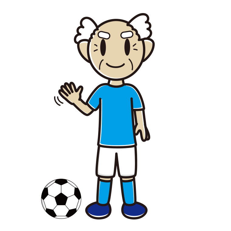 手を振るサッカーのユニフォーム姿のおじいさんのイラスト【色あり、背景なし】透過PNG