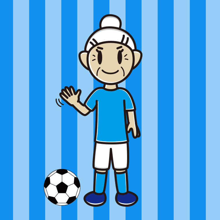 手を振るサッカーのユニフォーム姿のおばあさんのイラスト【色、背景あり】PNG