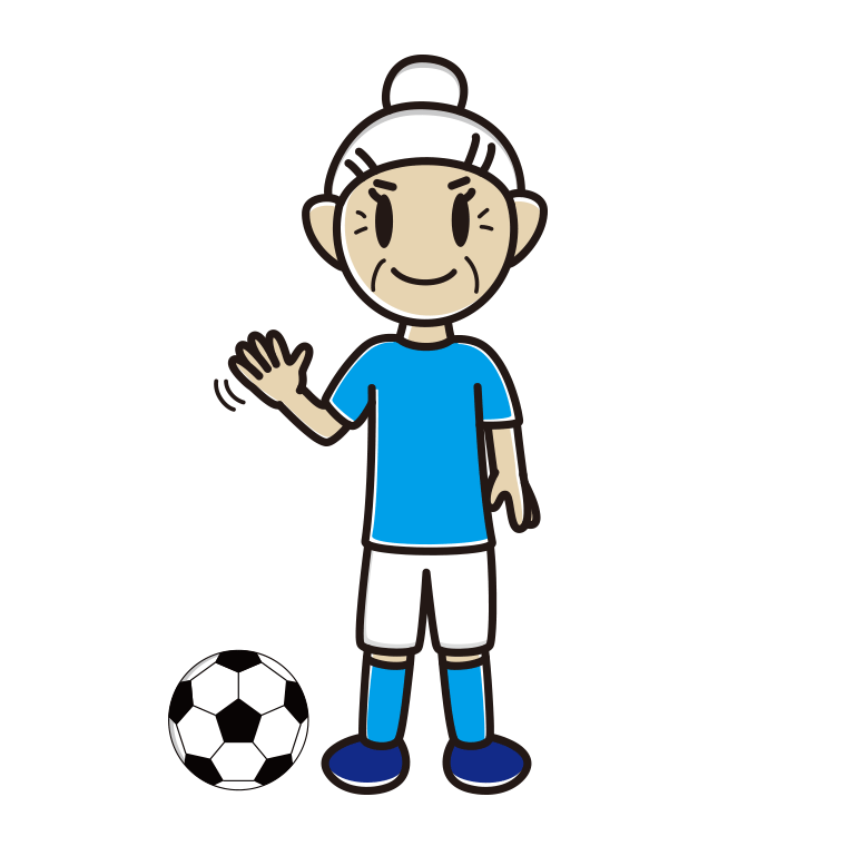 手を振るサッカーのユニフォーム姿のおばあさんのイラスト【色あり、背景なし】透過PNG