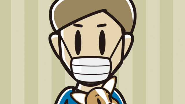 犬を抱いてマスクをする男性のイラスト【色、背景あり】PNG