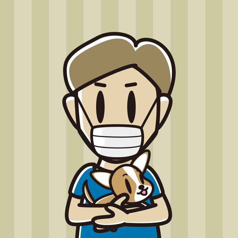 犬を抱いてマスクをする男性のイラスト【色、背景あり】PNG