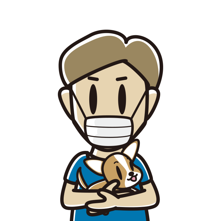 犬を抱いてマスクをする男性のイラスト【色あり、背景なし】透過PNG