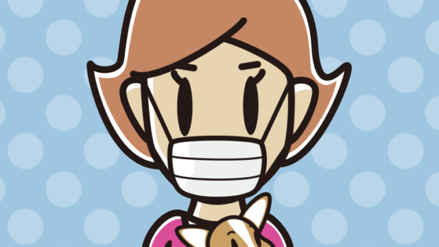 犬を抱いてマスクをする女性のイラスト【色、背景あり】PNG