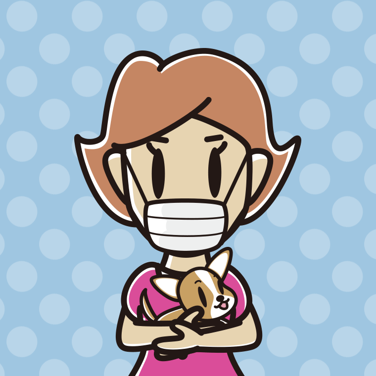 犬を抱いてマスクをする女性のイラスト【色、背景あり】PNG