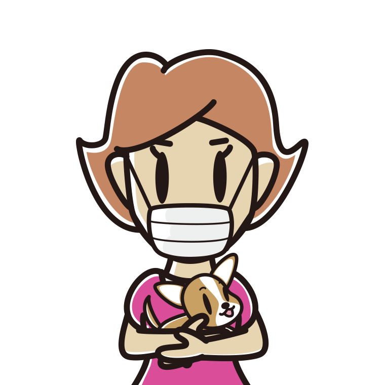 犬を抱いてマスクをする女性のイラスト【色あり、背景なし】透過PNG