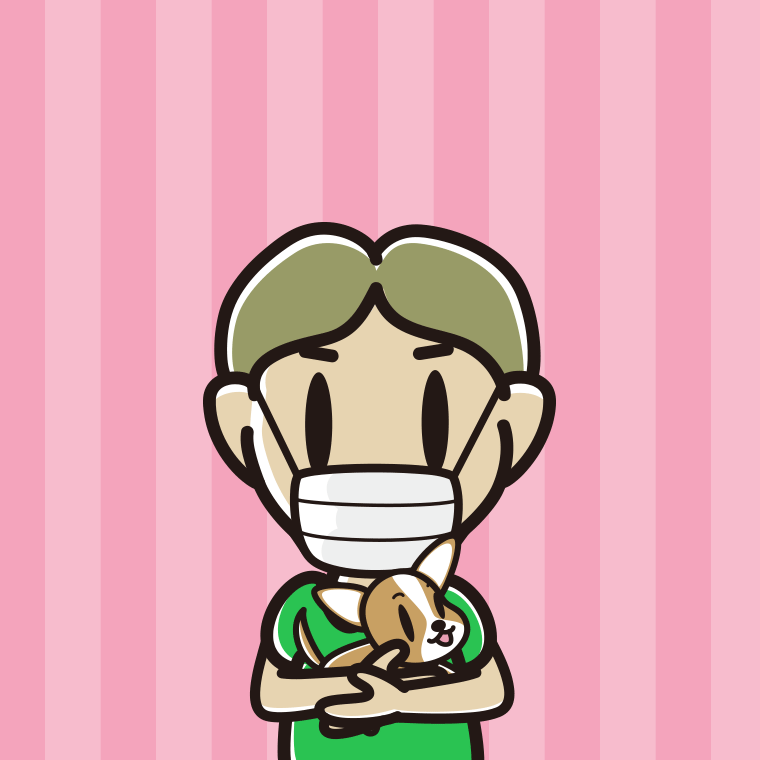 犬を抱いてマスクをする小学生男子のイラスト【色、背景あり】PNG