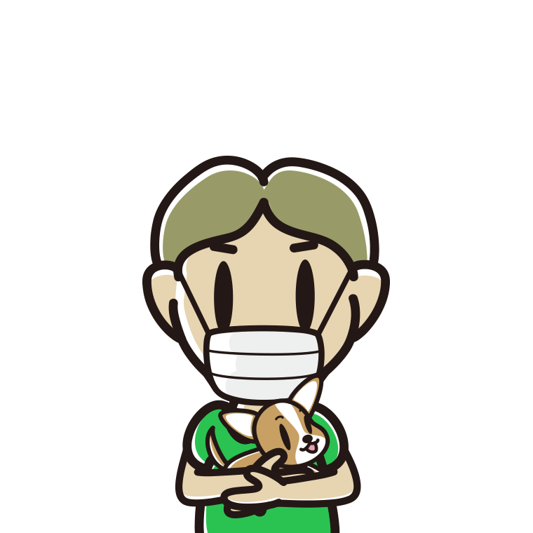 犬を抱いてマスクをする小学生男子のイラスト【色あり、背景なし】透過PNG