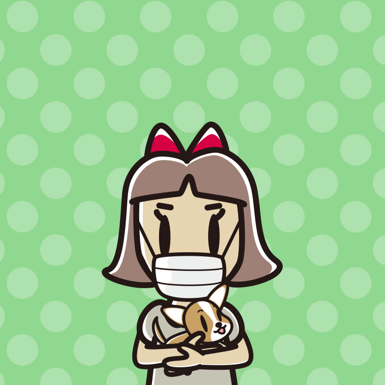 犬を抱いてマスクをする小学生女子のイラスト【色、背景あり】PNG