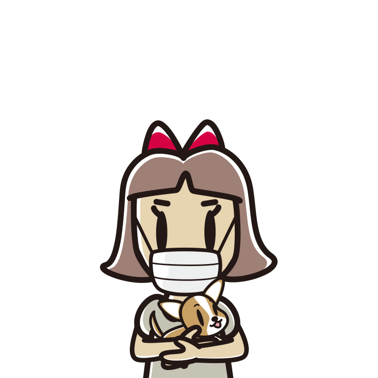 犬を抱いてマスクをする小学生女子のイラスト【色あり、背景なし】透過PNG