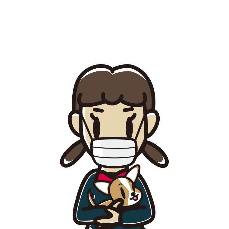犬を抱いてマスクをする女子中学生のイラスト【色あり、背景なし】透過PNG