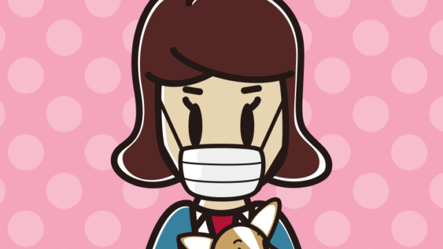 犬を抱いてマスクをする女子高校生のイラスト【色、背景あり】PNG