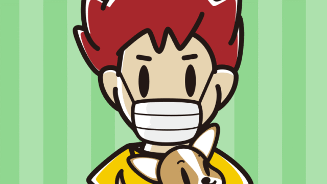 犬を抱いてマスクをする男子大学生のイラスト【色、背景あり】PNG