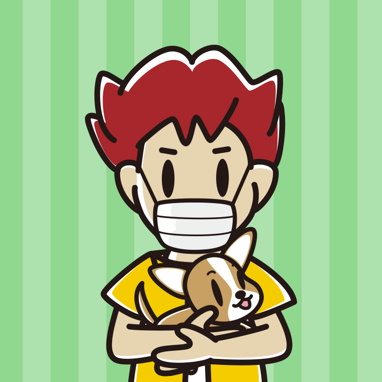 犬を抱いてマスクをする男子大学生のイラスト【色、背景あり】PNG
