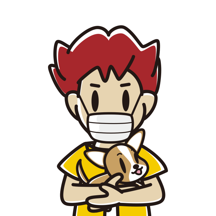 犬を抱いてマスクをする男子大学生のイラスト【色あり、背景なし】透過PNG