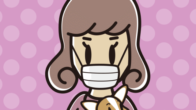 犬を抱いてマスクをする女子大学生のイラスト【色、背景あり】PNG