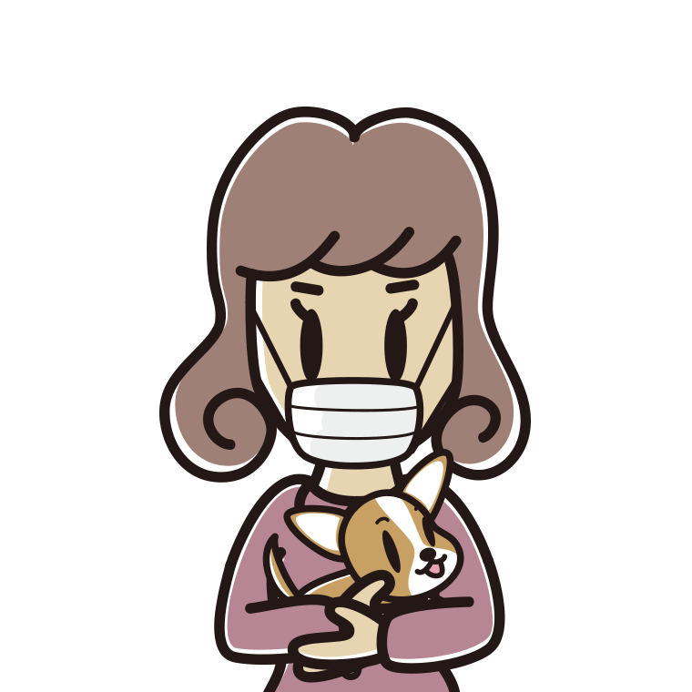 犬を抱いてマスクをする女子大学生のイラスト【色あり、背景なし】透過PNG