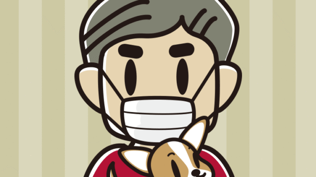 犬を抱いてマスクをするおじさんのイラスト【色、背景あり】PNG