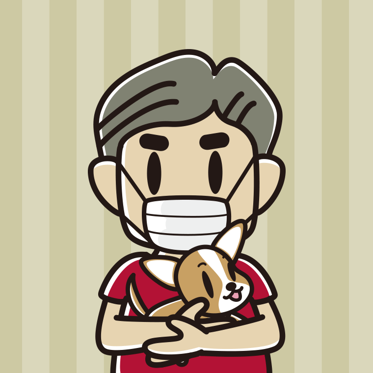 犬を抱いてマスクをするおじさんのイラスト【色、背景あり】PNG