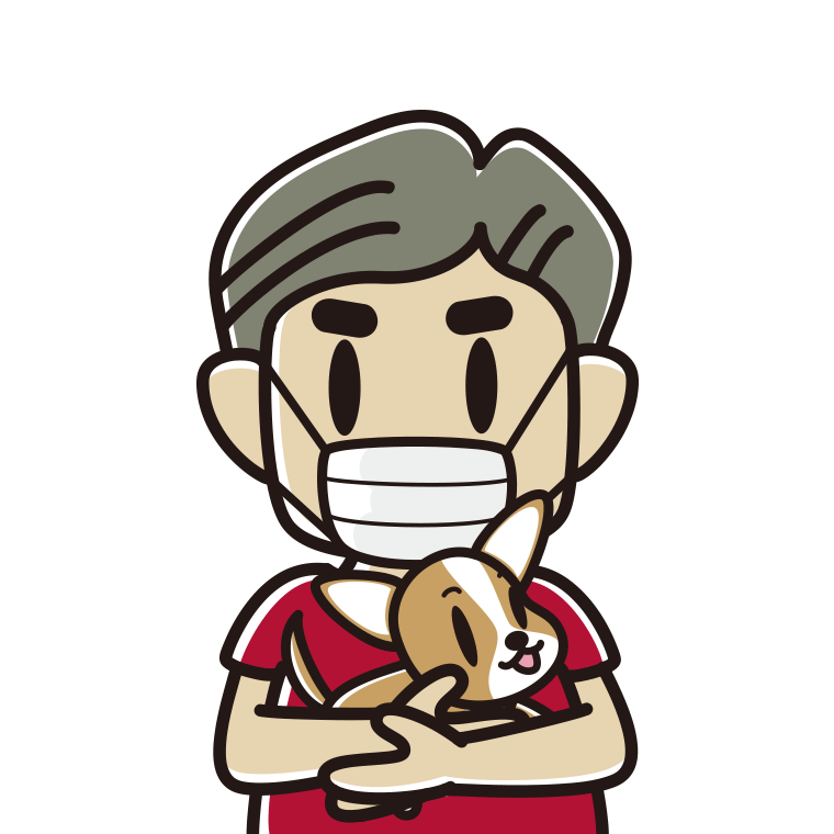 犬を抱いてマスクをするおじさんのイラスト【色あり、背景なし】透過PNG