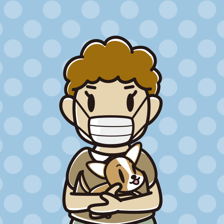 犬を抱いてマスクをするおばさんのイラスト【色、背景あり】PNG