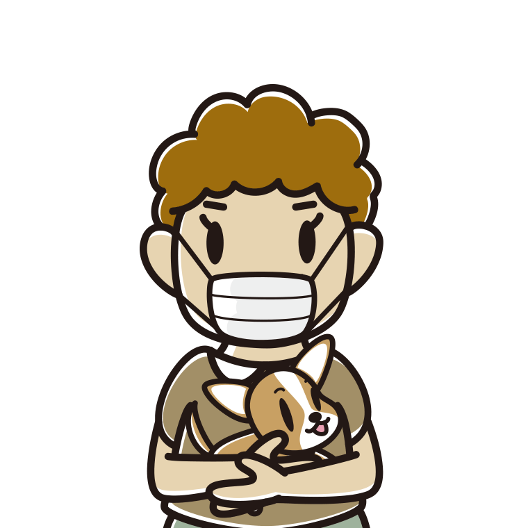 犬を抱いてマスクをするおばさんのイラスト【色あり、背景なし】透過PNG