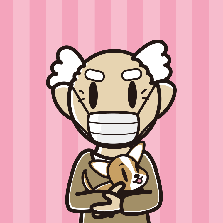 犬を抱いてマスクをするおじいさんのイラスト【色、背景あり】PNG