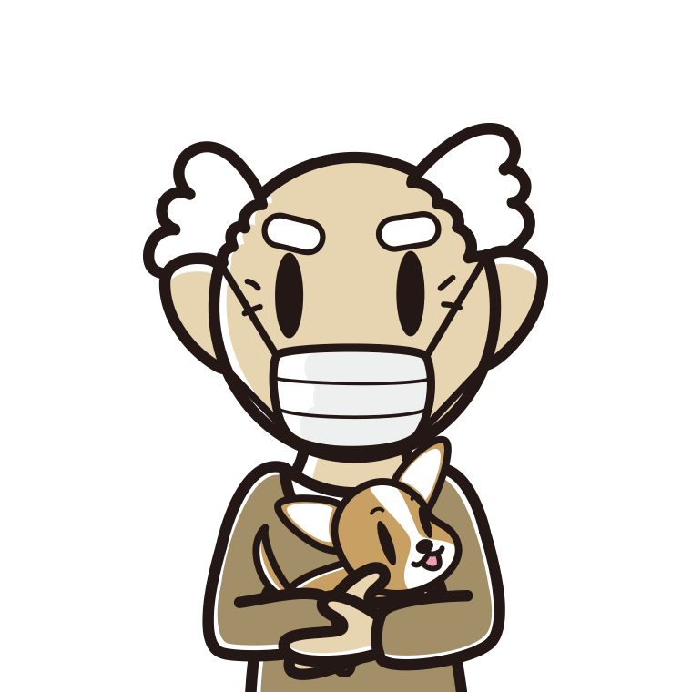 犬を抱いてマスクをするおじいさんのイラスト【色あり、背景なし】透過PNG