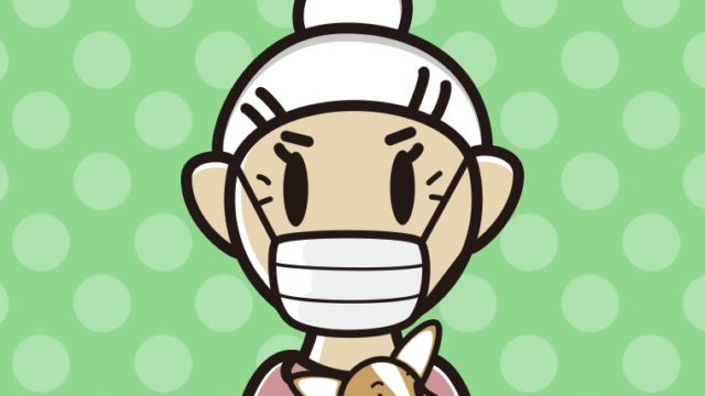 犬を抱いてマスクをするおばあさんのイラスト【色、背景あり】PNG