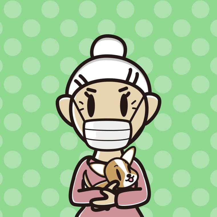 犬を抱いてマスクをするおばあさんのイラスト【色、背景あり】PNG