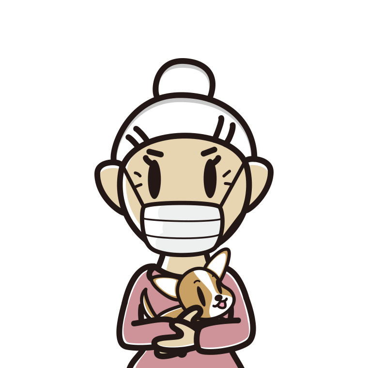 犬を抱いてマスクをするおばあさんのイラスト【色あり、背景なし】透過PNG