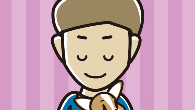 犬を抱いてお辞儀する男性のイラスト【色、背景あり】PNG