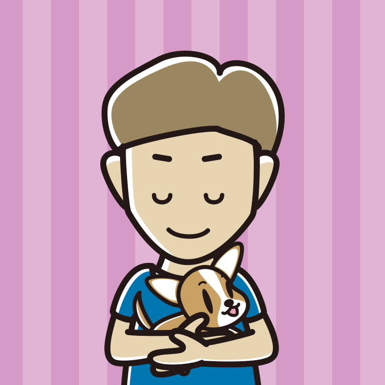 犬を抱いてお辞儀する男性のイラスト【色、背景あり】PNG