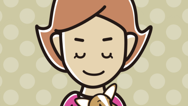 犬を抱いてお辞儀する女性のイラスト【色、背景あり】PNG