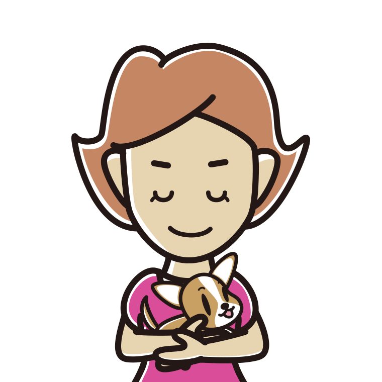 犬を抱いてお辞儀する女性のイラスト【色あり、背景なし】透過PNG