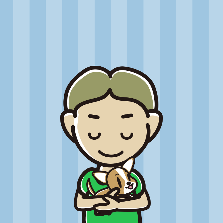 犬を抱いてお辞儀する小学生男子のイラスト【色、背景あり】PNG