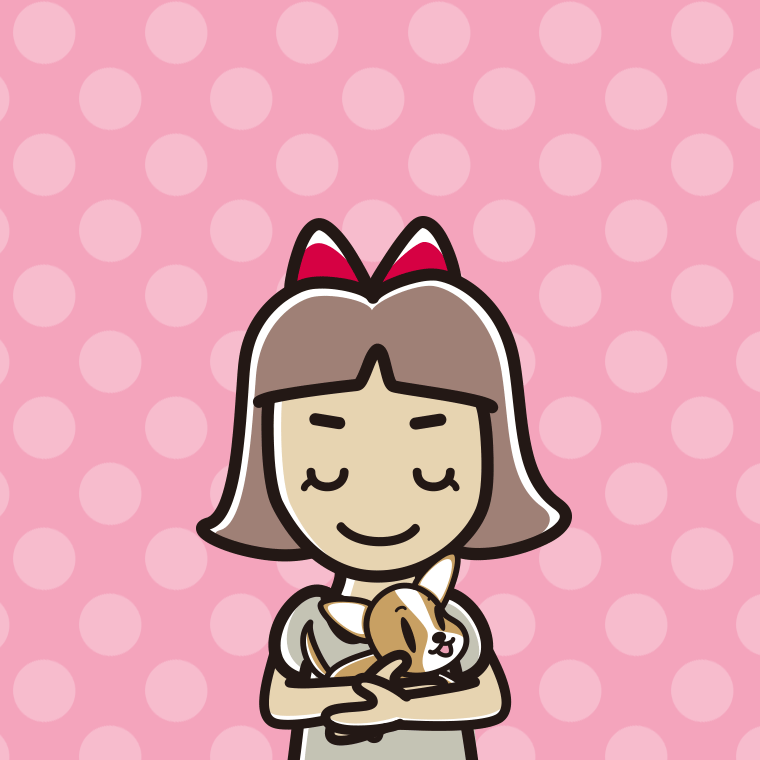 犬を抱いてお辞儀する小学生女子のイラスト【色、背景あり】PNG