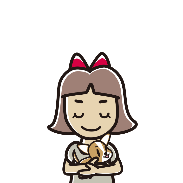 犬を抱いてお辞儀する小学生女子のイラスト【色あり、背景なし】透過PNG