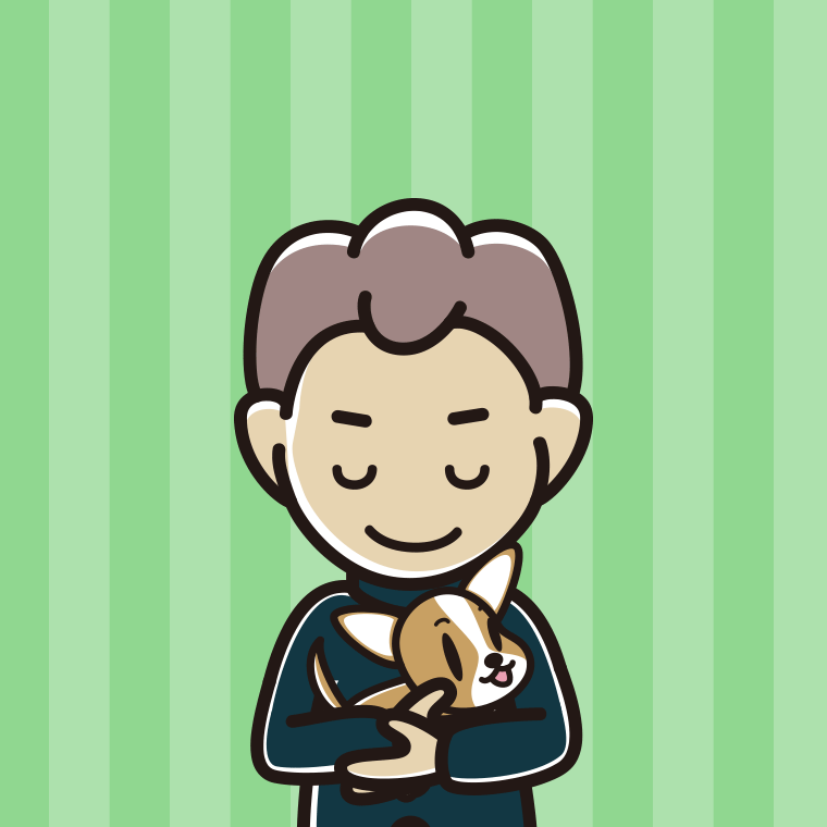 犬を抱いてお辞儀する男子中学生のイラスト【色、背景あり】PNG