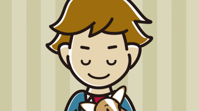 犬を抱いてお辞儀する男子高校生のイラスト【色、背景あり】PNG