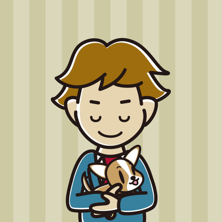 犬を抱いてお辞儀する男子高校生のイラスト【色、背景あり】PNG