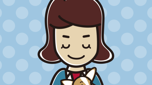 犬を抱いてお辞儀する女子高校生のイラスト【色、背景あり】PNG