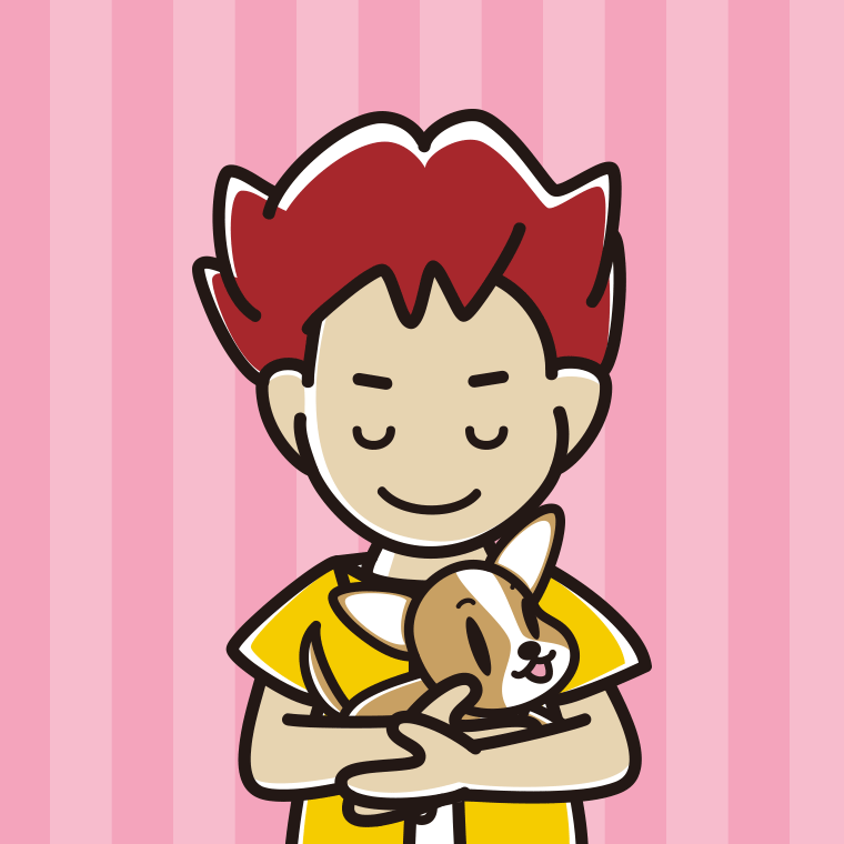 犬を抱いてお辞儀する男子大学生のイラスト【色、背景あり】PNG