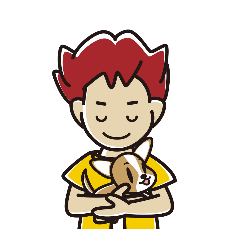 犬を抱いてお辞儀する男子大学生のイラスト【色あり、背景なし】透過PNG