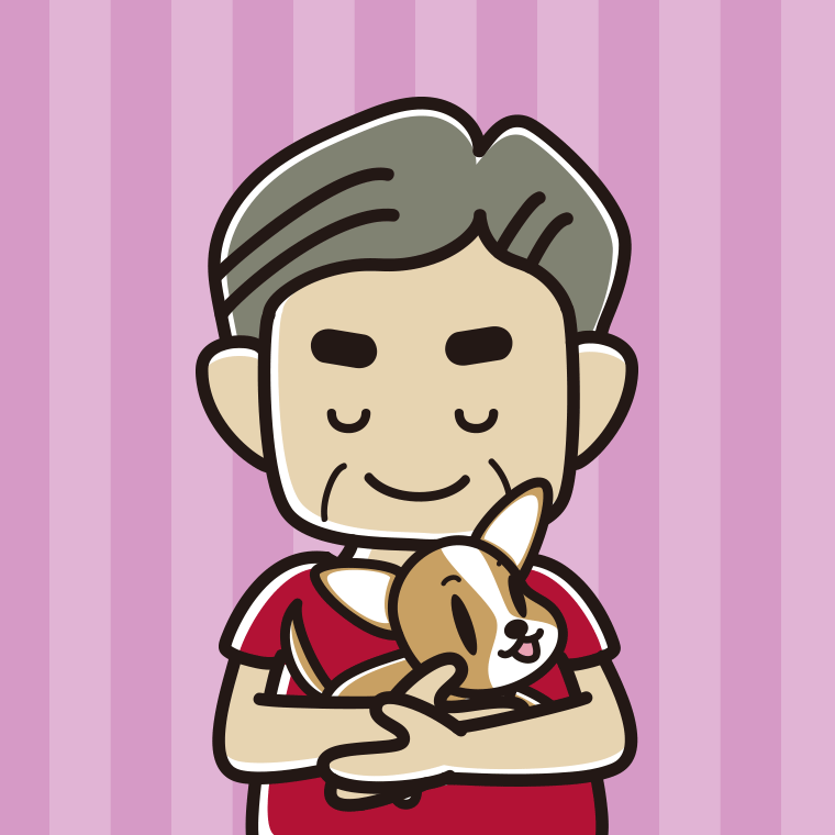 犬を抱いてお辞儀するおじさんのイラスト【色、背景あり】PNG