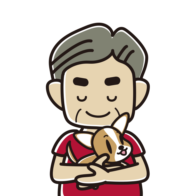 犬を抱いてお辞儀するおじさんのイラスト【色あり、背景なし】透過PNG