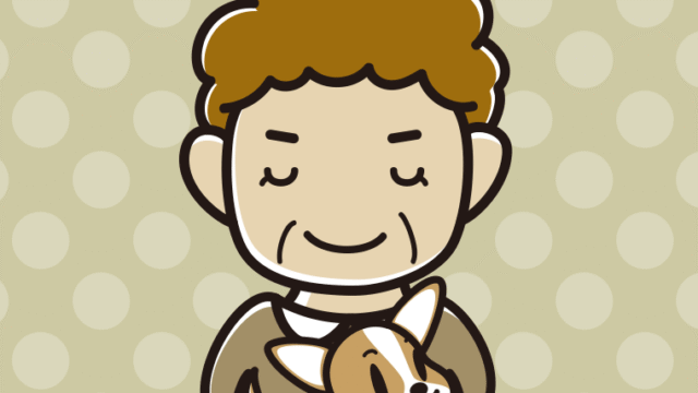 犬を抱いてお辞儀するおばさんのイラスト【色、背景あり】PNG