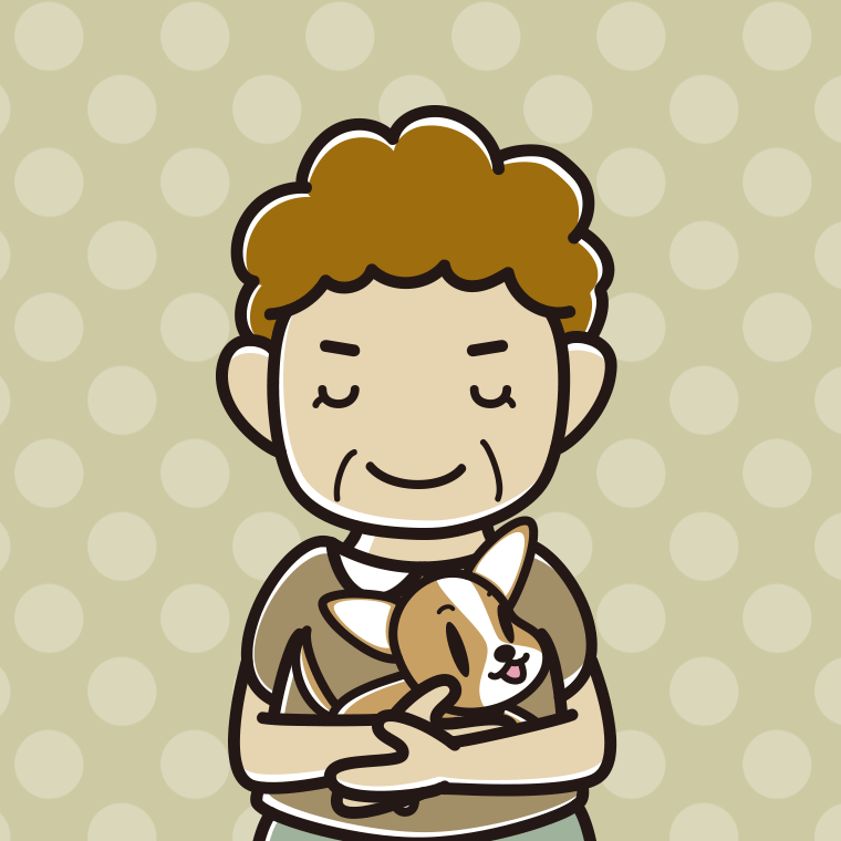 犬を抱いてお辞儀するおばさんのイラスト【色、背景あり】PNG