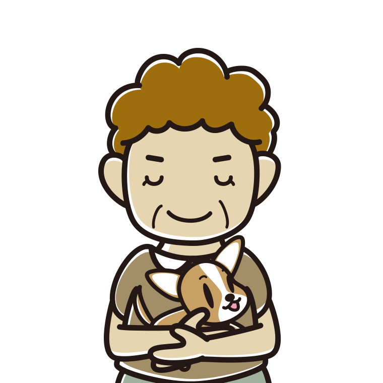 犬を抱いてお辞儀するおばさんのイラスト【色あり、背景なし】透過PNG